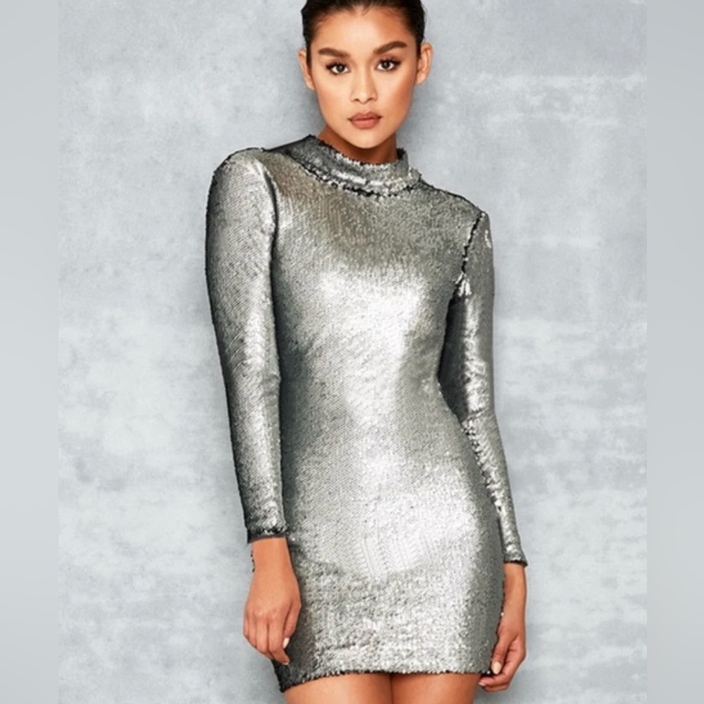 NWT Mistress Rocks Silver Sequin Metallic Dress Women's Long Sleeve Size XS
